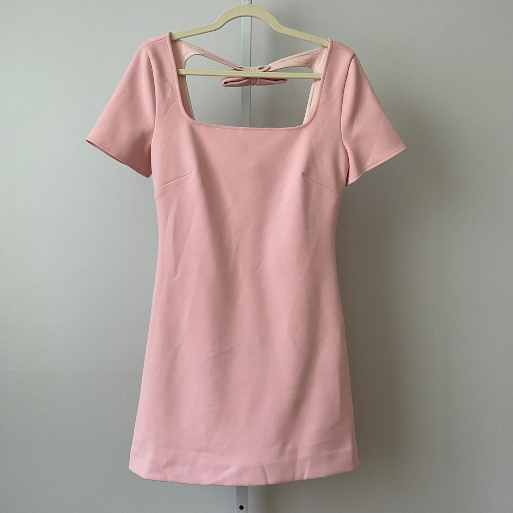 STAUD‎ Dainty Coquette Bow Back Square Neck Mini Dress 4 Pink